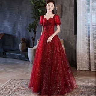 Puff-sleeve Glitter Mesh Maxi Cocktail Dress (various Designs)