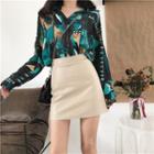 Patterned Blouse / Faux Leather A-line Skirt