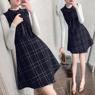 Mock-neck Long-sleeve Knit Top / Plaid Pinafore Dress / Set