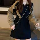 Two-tone Long-sleeve Mini A-line Dress Khaki & Black - One Size