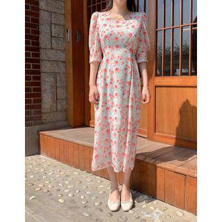 Square-neck Deep-slit Long Floral Dress