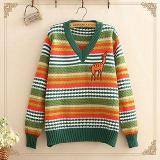 Giraffe Embroidered Color-block Stripe Sweater As Shown In Figure - One Size