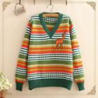 Giraffe Embroidered Color-block Stripe Sweater As Shown In Figure - One Size