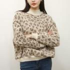 Mock-neck Textured Leopard Pullover Beige - One Size