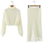 Turtleneck Sweater / Fringed Hem Knit Skirt / Set