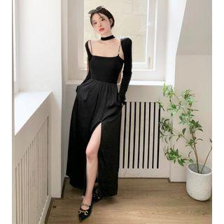 Set: Long-sleeve Plain Shawl + Spaghetti Strap Plain Dress Black - One Size