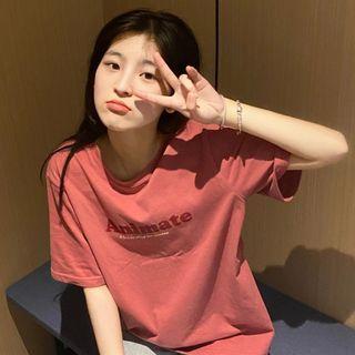 Short-sleeve Lettering T-shirt Palevioletred - One Size