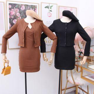 Set: V-neck Knit Mini Dress + Crew-neck Cardigan