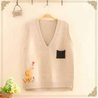 Pocket-detail Elephant Jacquard V-neck Knit Vest