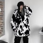 Cow Patterned Fleece Hooded Zip Jacket As Shown In Figure - One Size