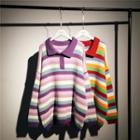 Lapel Colored Striped Over-sized Knitted Long-sleeve Top