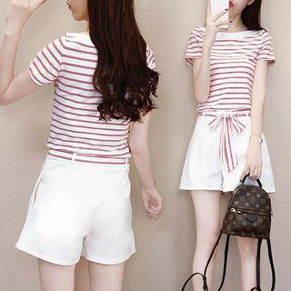 Set: Striped Short Sleeve T-shirt + Wide Leg Shorts