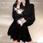 Long-sleeve Sequined Cuff A-line Mini Dress Dress - Black - One Size