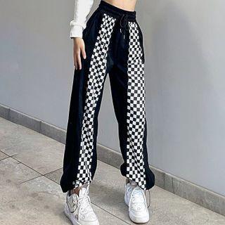 High-waist Drawstring Plaid Panel Shift Gathered Cuff Pants
