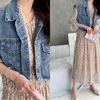 Collared Distressed Denim Vest Blue - One Size