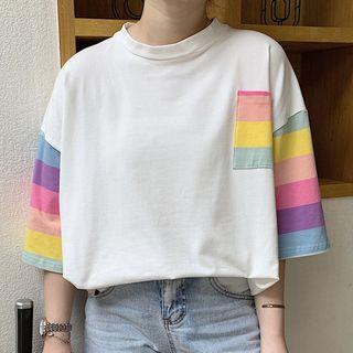 Short-sleeve Striped Panel T-shirt As Shown In Figure - One Size