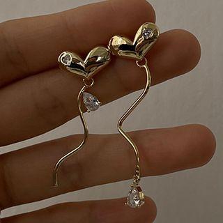 Heart Flower Rhinestone Asymmetrical Alloy Dangle Earring