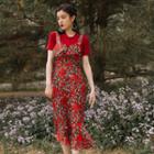 Short-sleeve Knit Top / Floral Strappy Midi Dress / Set
