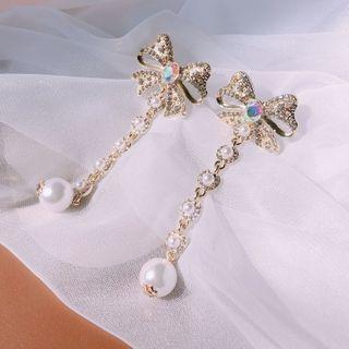 Ribbon Faux Pearl Drop Ear Stud 1 Pair - White Faux Pearl - Gold - One Size