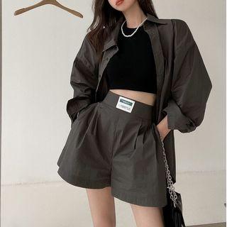 Long-sleeve Shirt / Crop Tank Top / Wide Leg Shorts