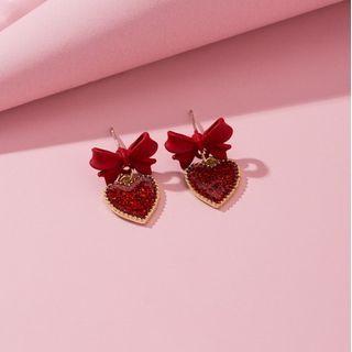 925 Sterling Silver Rhinestone Heart Bow Stud Earrings Gold & Red - One Size