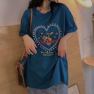 Faux Pearl Flower Heart Embroidered T-shirt