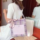 Faux Leather Plaid Panel Tote Bag