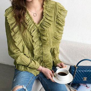 V-neck Frill-crinkled Blouse