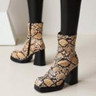Platform Chunky Heel Snakeskin Print Short Boots