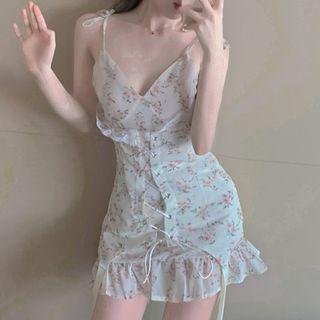 Spaghetti-strap Ruffle Trim Floral Print Mini A-line Dress
