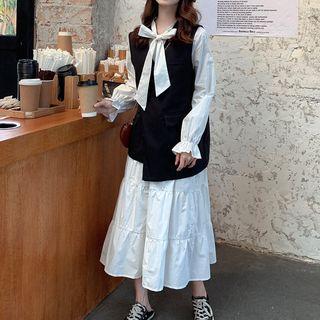 Long-sleeve Tie-neck Ruffled Dress / Asymmetric Plain Vest