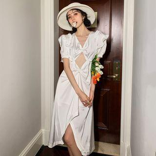 Short-sleeve V-neck Plain Cutout Ruffle Irregular Dress