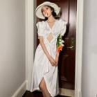 Short-sleeve V-neck Plain Cutout Ruffle Irregular Dress