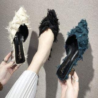 Fringed Pointed Block Heel Mules