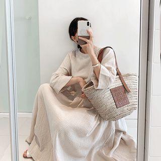 Slit-cuff Shirred Long Dress