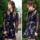 Bow Accent Lace Panel Long-sleeve Dress