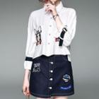 Set : Embroidered Long-sleeve Blouse + Button-front Denim Skirt