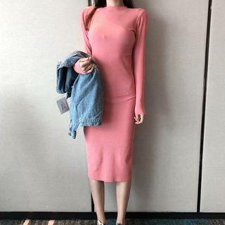 Denim Jacket / Long-sleeve Knit Midi Sheath Dress