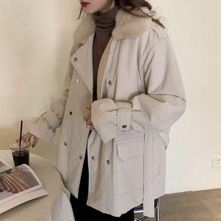 Fleece-collar Padded Jacket With Belt