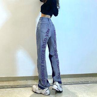 Lettering Print Two-tone Wide Leg Jeans