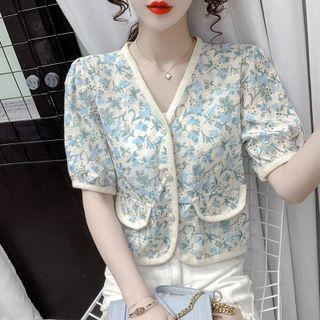 Puff-sleeve Contrast Trim Floral Top