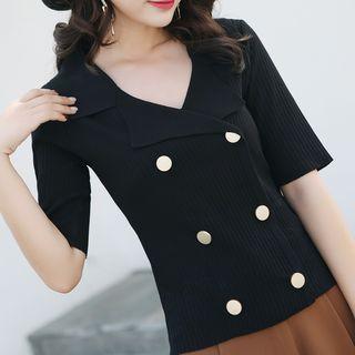 Double-breasted Short-sleeve Knit Sweater