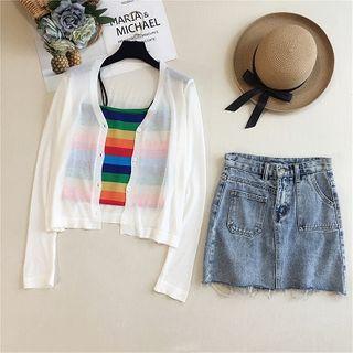 Set:plain Long-sleeve Light Jacket + Color-block Strap Top + High-waist Denim Skirt