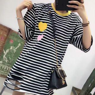 Heart Applique Ripped Elbow-sleeve T-shirt