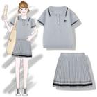 Set: Short-sleeve Knit Polo Shirt + A-line Knit Skirt