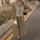 Long-sleeve Frill Trim Midi A-line Shirtdress / Knit Vest