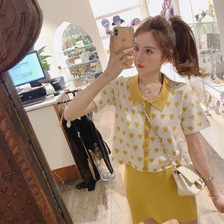 Short-sleeve Heart Printed Polo Knit Top + A-line Knit Skirt