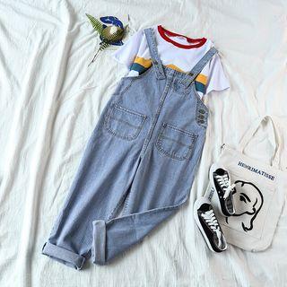 Striped Short-sleeve T-shirt / Loose-fit Denim Jumper Pants