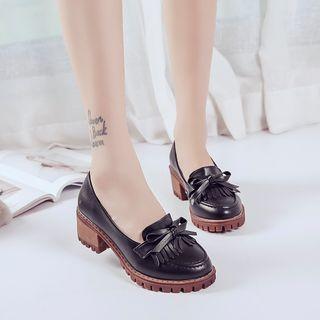 Chunky Heel Bow-accent Fringed Loafers