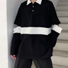Long-sleeve Two-tone Cutout Polo Shirt